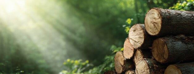 Stacked timber logs in a green forest foreground, with sunlight streaming through the trees in the background