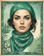 Portrait of a woman adorned with a green headscarf and scarf. Floral frame surrounds the image