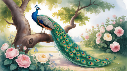 watercolour illustration of peacock sitting on tree with floral background