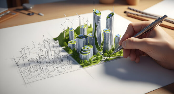 Architect drawing stunning sustainable eco city concept with wind turbines