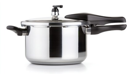 A stainless steel pressure cooker with a black handle and lid, isolated on a white background.