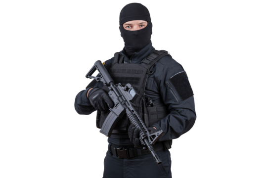 Serious tactical operative ready for action holding modern rifle