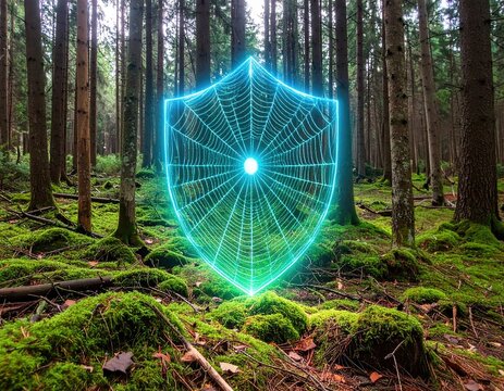 Glowing shield emblem in lush green, mossy woods