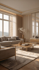Fototapeta premium A minimalist living room features an ivory wall sleek white sofa and blank canvas for stylish mockup design interior design wallpaper background