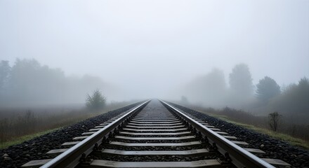 Fototapeta premium Railroad tracks receding into a dense foggy landscape with trees on either side