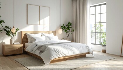 Modern Bedroom Interior with Wood Bed, White Bedding, and Natural Light