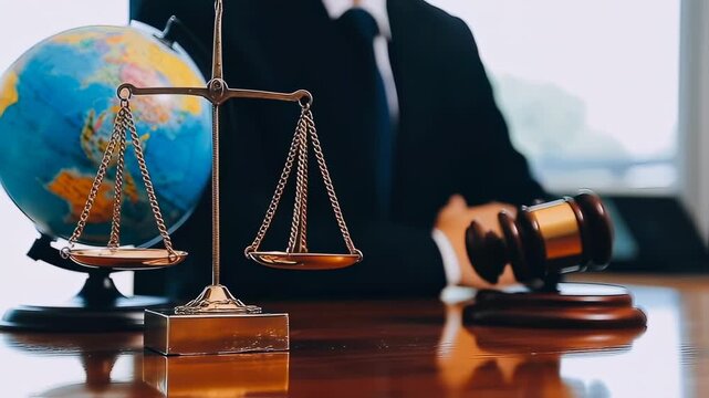 Scales of justice, gavel, and globe