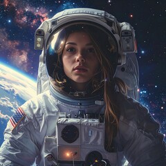 Portrait of a woman astronaut in a spacesuit against the backdrop of Earth and space