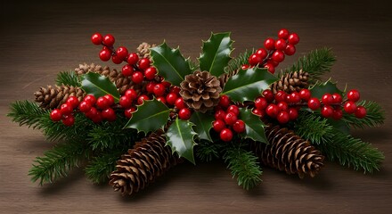 Winter holiday decoration: Christmas wreath on a wooden background with pine branch, holly berry, and gold ornaments