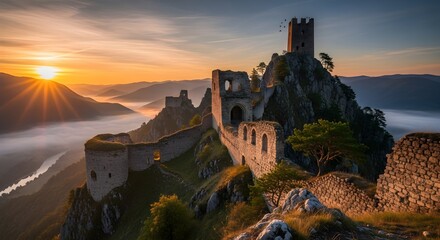 Ancient castle ruins perched on a rugged mountain peak at sunrise overlooking a misty valley and winding river