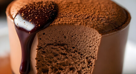 Delicious chocolate cake topped with melted sauce and served on dark background for dessert concept