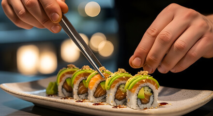 Chef preparing sushi rolls with fresh ingredients on restaurant table, close-up of Japanese cuisine presentation