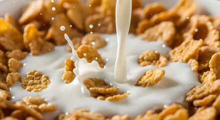 Milk pouring into bowl of golden cereal with crunchy flakes for healthy breakfast concept