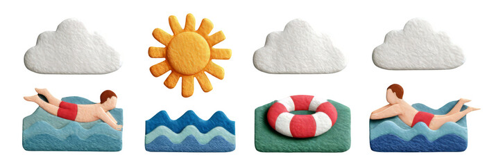 Colorful Summer Elements with Sun, Clouds, Swim Rings, and Water Waves Design
