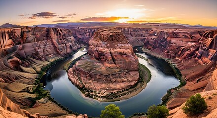 Horseshoe Bend canyon with Colorado River at sunset under a vast sky desert