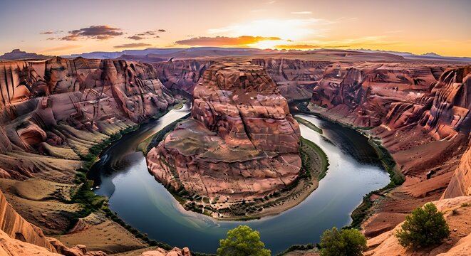 Horseshoe Bend canyon with Colorado River at sunset under a vast sky desert