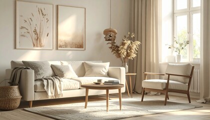 Cozy Scandinavian Living Room Interior with Pampas Grass and Sofa