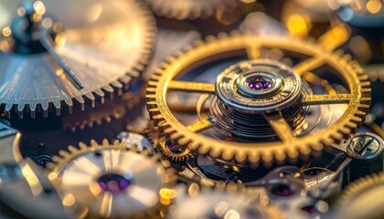 Macro view of intricate watch movement, gears, and clockwork mechanism