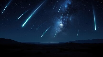 Starry night sky filled with streaking meteor showers and milky way galaxy