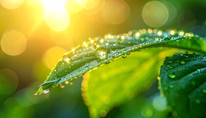 Fresh Green Leaf with Dew Drops in Sunlight Bokeh