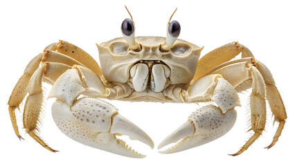 Macro image of a sand crab with sharp claws and tiny beady eyes crawling across a neutral sandy shore