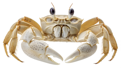 Macro image of a sand crab with sharp claws and tiny beady eyes crawling across a neutral sandy shore