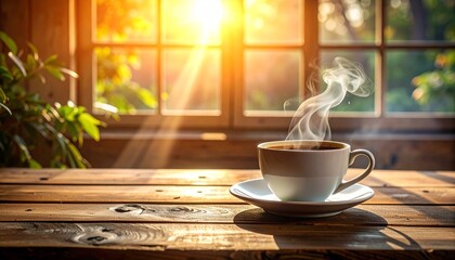 Warm Morning Coffee by Sunny Window on Wooden Table with Steam
