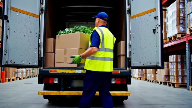 Worker loading produce boxes into a truck in a warehouse