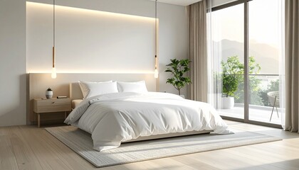 Modern minimalist bedroom interior design with mountain view balcony