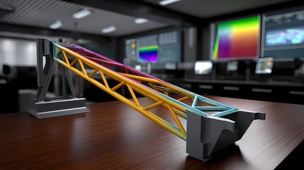 Colorful Bridge Model on Desk with Digital Displays in Background