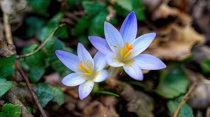 Close up of two blooming crocus flowers with violet petals and yellow stamens