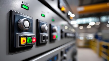 Control Panel with Colorful Buttons and Indicators in Modern Factory
