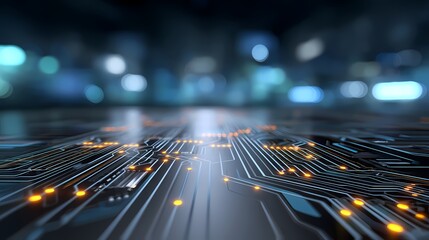 Glowing Circuit Board Close-Up with Bokeh Effect Background