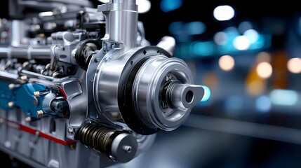 Close-up of Modern Engine Component with Reflective Metal Finish