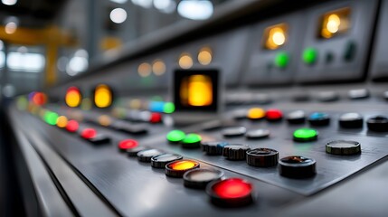 Control Panel with Colorful Buttons and Lights in Industrial Setting