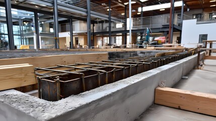 Construction Site Interior with Concrete Forms and Steel Rebar Detail