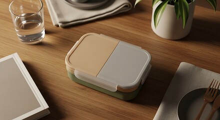 Close-up shot of a lunchbox with a beige and gray lid on a wooden table with other items.