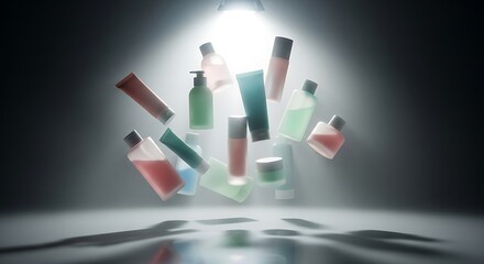 A collection of various cosmetic bottles and tubes are dramatically suspended in mid-air under a spotlight.