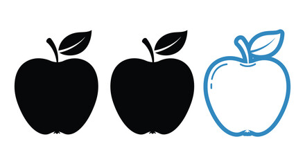 Three apples in silhouette style with two solid black and one outlined in blue on a white background