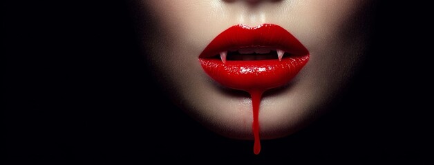 Vampire Lips with Blood on Black Background.