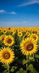A vibrant field of sunflowers basks in the sunlight under a clear, bright blue sky, creating a beautiful summer scene.
