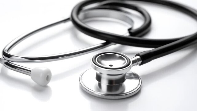 Close-up of a classic stethoscope with silver metal parts and black tubing, lying on a clean white surface