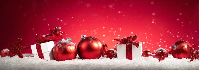 Christmas Ornaments and Gifts on Snowy Red Background.