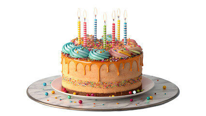 Festive Birthday Cake with Multiple Candles on Transparent Background Digital Image