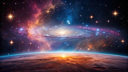 Vibrant spiral galaxy over a glowing planet horizon