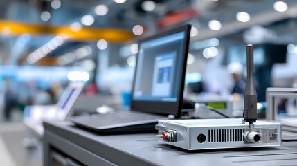 Computer Setup with Modern Device and Antenna in Conference Space