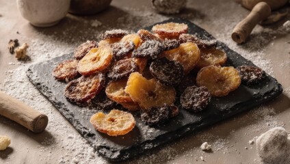 Fototapeta premium Dehydrated Fruit Medley on Slate Slab - A Rustic Still Life.