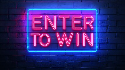 A vibrant neon sign glowing in pink and blue, displaying the message "ENTER TO WIN" against a dark brick background.