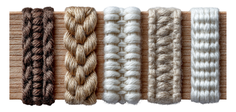 Different Types of Textured Yarn Strands Displayed on a Wooden Surface