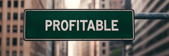A green street sign displaying the word "PROFITABLE" against a backdrop of urban buildings.